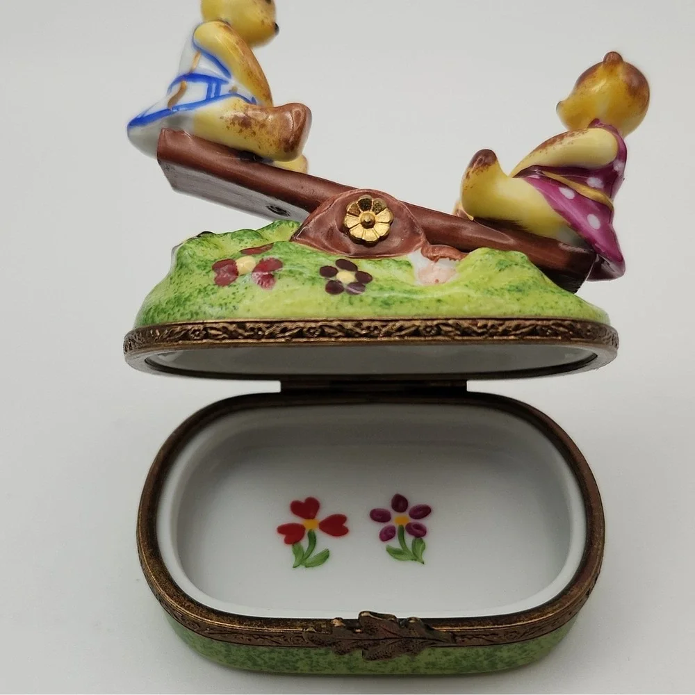 Parry-Vieille Limoges France Bears Seesaw Trinket Box Hand Painted Surprise